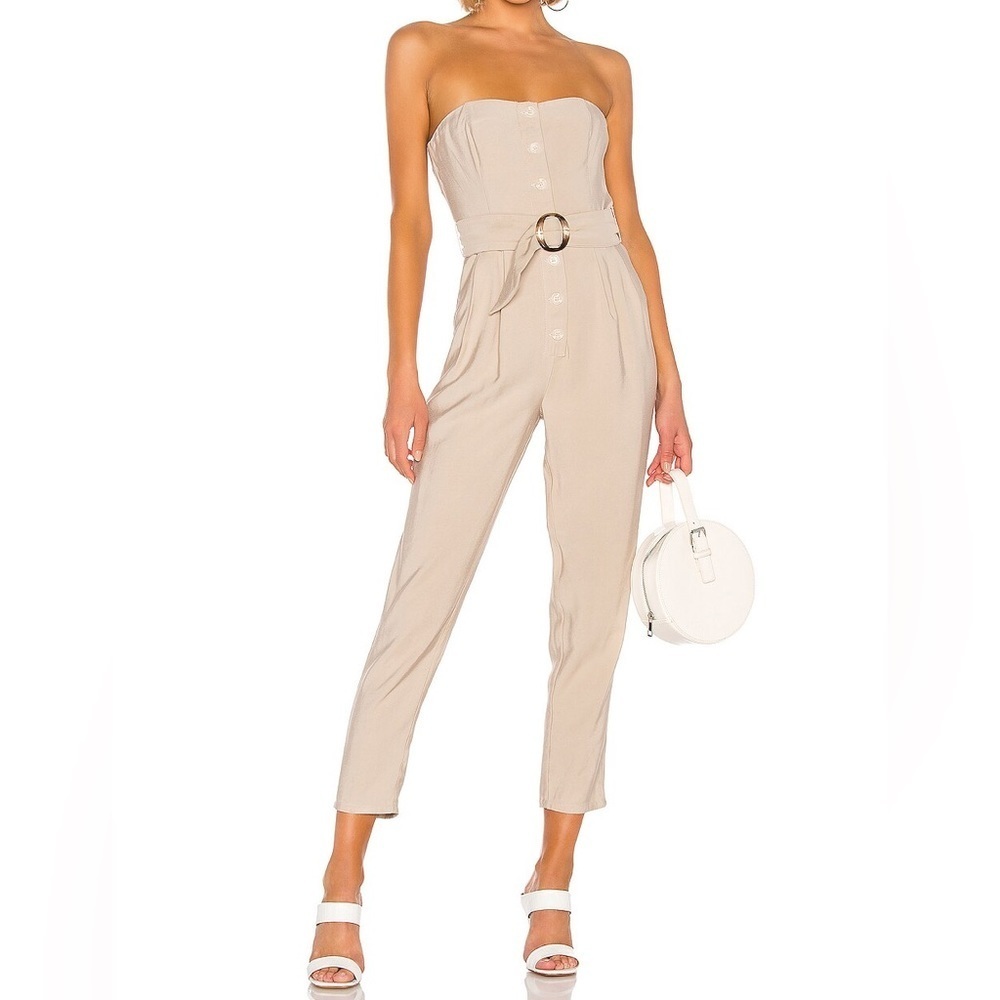 L’Academie Revolve Highway Khaki Belted Strapless Button-Down Jumpsuit